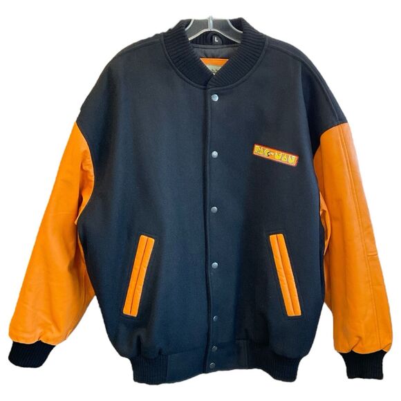 Burks Bay Pac-Man Bomber Jacket Mens Large Orange Black Wool Leather Gamer Coat - Picture 1 of 16
